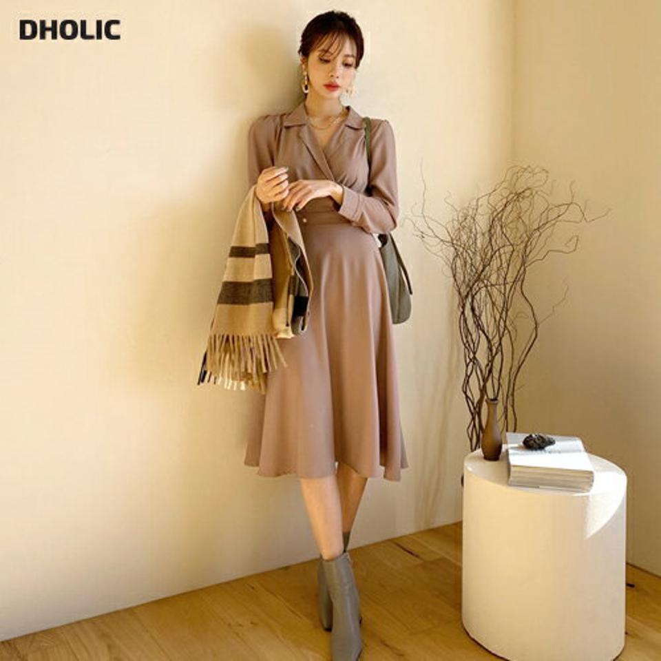 パールカラーワンピース・全2色・t65799 レディース 【ops】【ワンピース ミディ丈 ミディワンピース 長袖 カシュクール 単色 無地 シンプル 大人 きれいめ フレア フレアワンピース 秋 冬 韓国 ファッション】【ハイホリHIHOLLI】