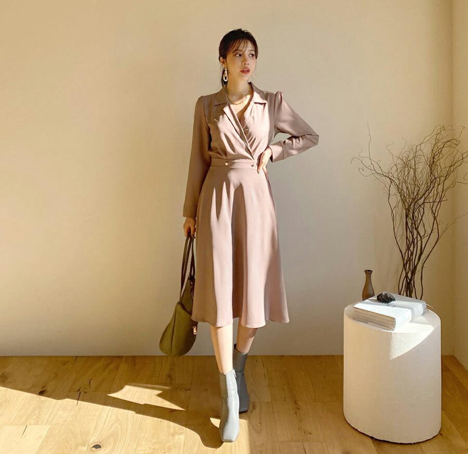 パールカラーワンピース・全2色・t65799 レディース 【ops】【ワンピース ミディ丈 ミディワンピース 長袖 カシュクール 単色 無地 シンプル 大人 きれいめ フレア フレアワンピース 秋 冬 韓国 ファッション】【ハイホリHIHOLLI】