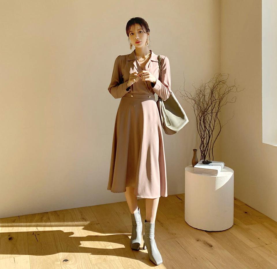 パールカラーワンピース・全2色・t65799 レディース 【ops】【ワンピース ミディ丈 ミディワンピース 長袖 カシュクール 単色 無地 シンプル 大人 きれいめ フレア フレアワンピース 秋 冬 韓国 ファッション】【ハイホリHIHOLLI】