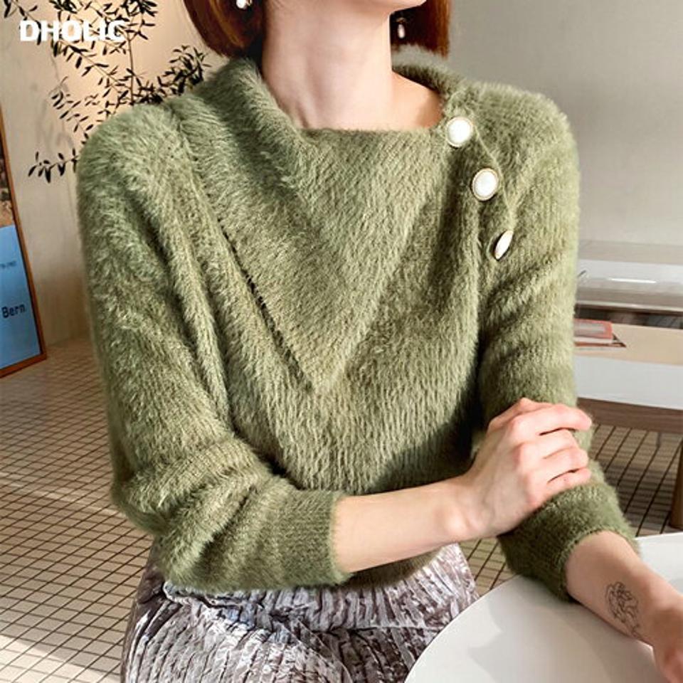 ボタンカラーソフトニット・全2色・b62126 レディース 【tops】【韓国 ファッション トップス ニット 長袖 アシメ シンメトリー ブークレ シャギーニット 毛羽立ち 毛糸 テクスチャー カジュアル 秋 冬】【STYLE】