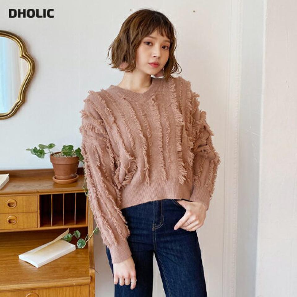 Vネックフリンジニット・全3色・u62127 レディース 【tops】【韓国 ファッション トップス ニット 長袖 ショート クロップド ブークレ シャギーニット 毛羽立ち 毛糸 テクスチャー カジュアル 秋 冬】【STYLE】