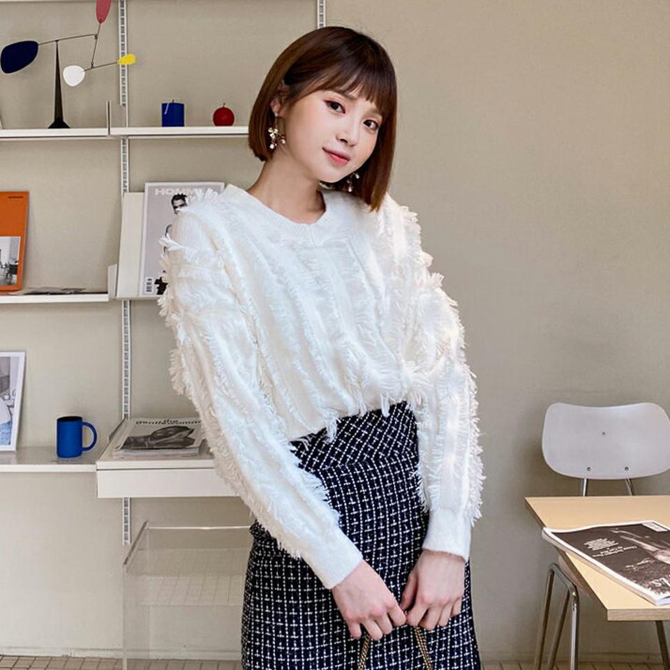 Vネックフリンジニット・全3色・u62127 レディース 【tops】【韓国 ファッション トップス ニット 長袖 ショート クロップド ブークレ シャギーニット 毛羽立ち 毛糸 テクスチャー カジュアル 秋 冬】【STYLE】