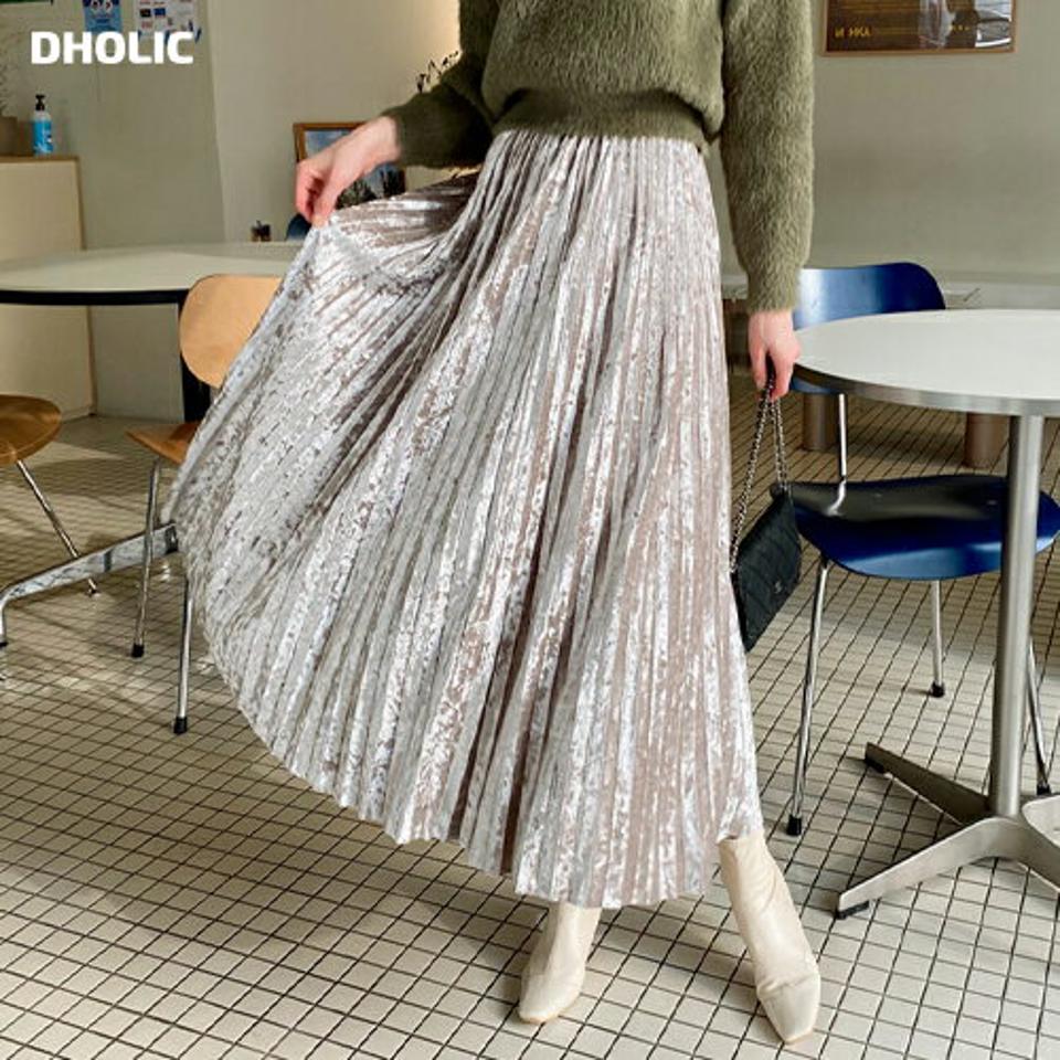 ベロアプリーツスカート・全3色・e62145 レディース 【sk】【韓国 ファッション ボトムス スカート ロング フレア Aライン 光沢 グロッシー 揺れる 上品 エレガント ウエストゴム カジュアル 秋 冬】【STYLE】