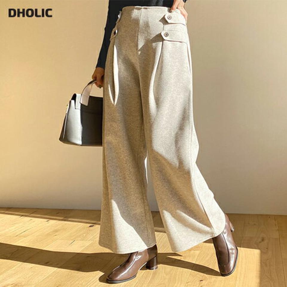 ボタンストラップパンツ・全2色・b65735 レディース 【pt】【パンツ ズボン ロングパンツ ストラップ 単色 無地 シンプル ワイド 大人 タック 秋 冬 韓国 ファッション】【ハイホリHIHOLLI】