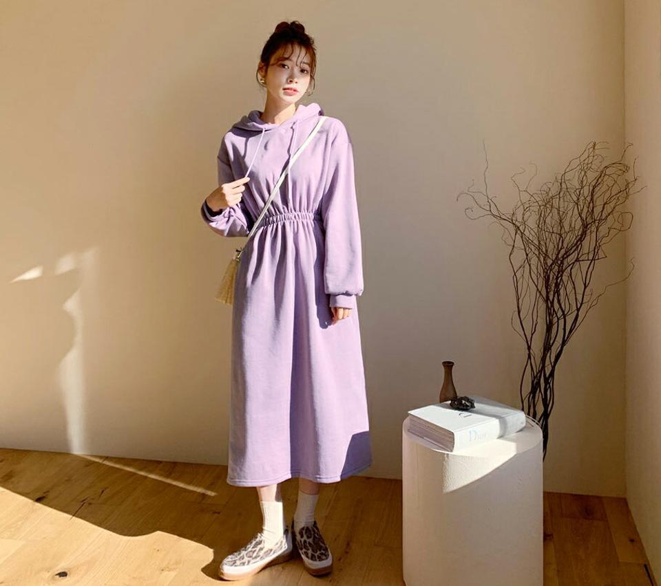 裏起毛フードワンピース・全3色・b65801 レディース 【ops】【ワンピース ロング ロングワンピース 長袖 裏起毛 フード カジュアル ラフ 冬 韓国 ファッション】【ハイホリHIHOLLI】