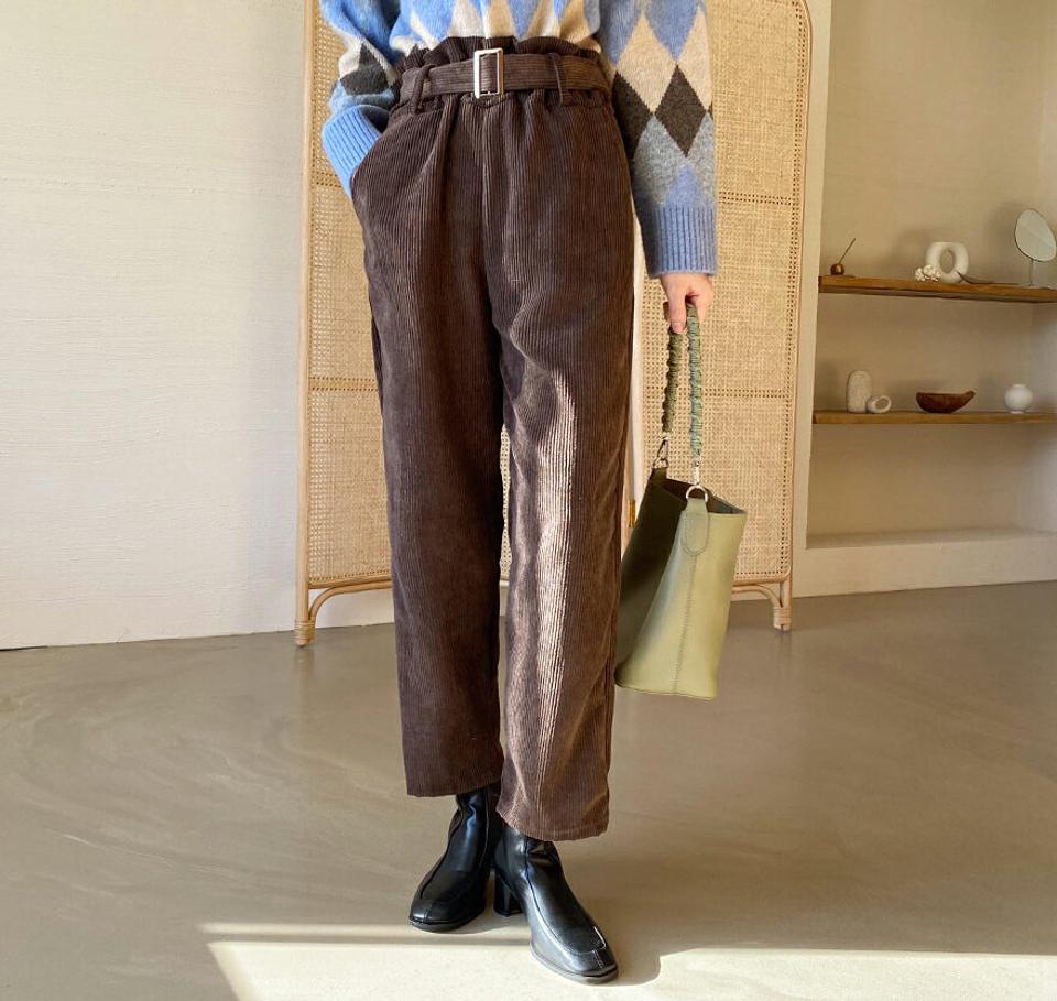 ベルト付コーデュロイパンツ・全3色・t65809 レディース 【pt】【パンツ ズボン ロングパンツ コーデュロイ 単色 シンプル カジュアル 大人 ベルト付 ウエストゴム ストレート ワイド 秋 冬 韓国 ファッション】【ハイホリHIHOLLI】