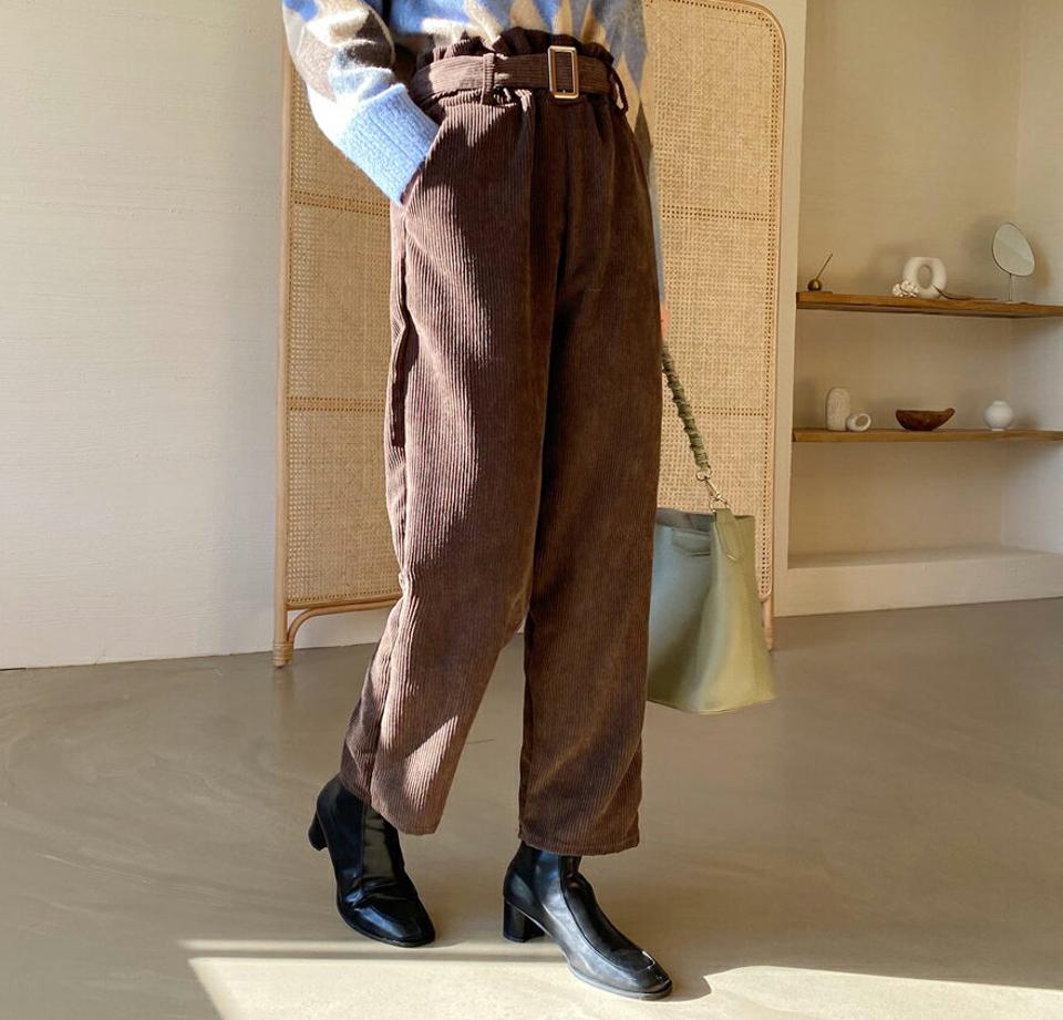 ベルト付コーデュロイパンツ・全3色・t65809 レディース 【pt】【パンツ ズボン ロングパンツ コーデュロイ 単色 シンプル カジュアル 大人 ベルト付 ウエストゴム ストレート ワイド 秋 冬 韓国 ファッション】【ハイホリHIHOLLI】