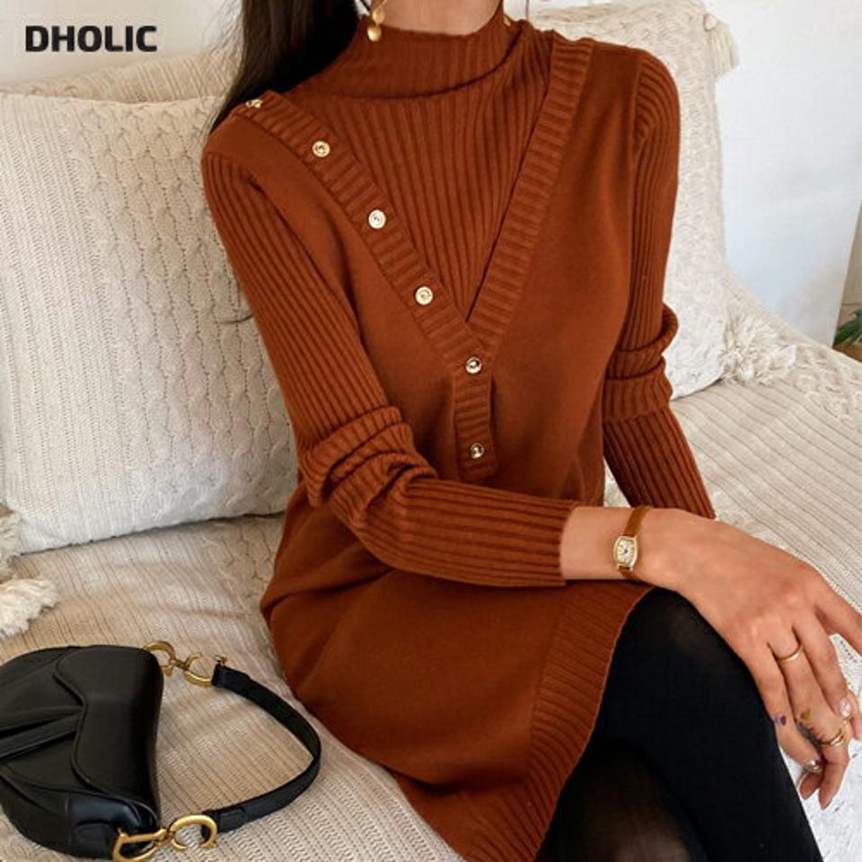 レイヤード調ニットワンピース・全4色・b62131 レディース 【ops】【韓国 ファッション ワンピース ミディ ミドル 膝丈 長袖 Hライン スリム タイト 細身 ニット モックネック ハーフネック リブニット カジュアル 秋 冬】【STYLE】