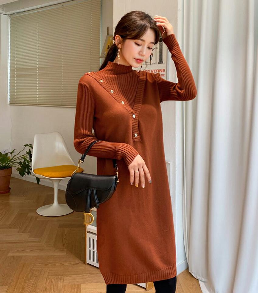 レイヤード調ニットワンピース・全4色・b62131 レディース 【ops】【韓国 ファッション ワンピース ミディ ミドル 膝丈 長袖 Hライン スリム タイト 細身 ニット モックネック ハーフネック リブニット カジュアル 秋 冬】【STYLE】