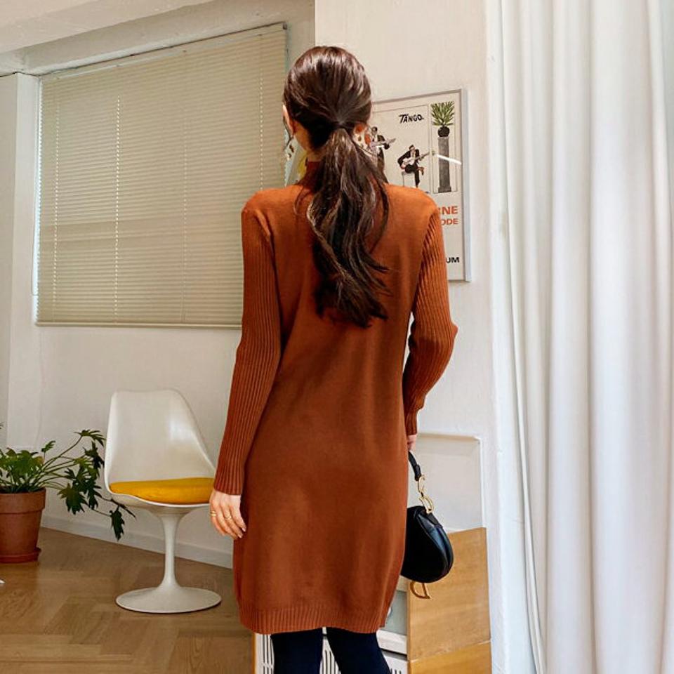 レイヤード調ニットワンピース・全4色・b62131 レディース 【ops】【韓国 ファッション ワンピース ミディ ミドル 膝丈 長袖 Hライン スリム タイト 細身 ニット モックネック ハーフネック リブニット カジュアル 秋 冬】【STYLE】