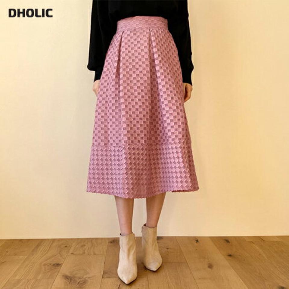 スクエアパターンスカート・全3色・b65811 レディース 【sk】【スカート ミディ丈 ミディスカート 総柄 可愛い かわいい シアー ボリューム フレア フレアスカート 秋 冬 韓国 ファッション】【ハイホリHIHOLLI】