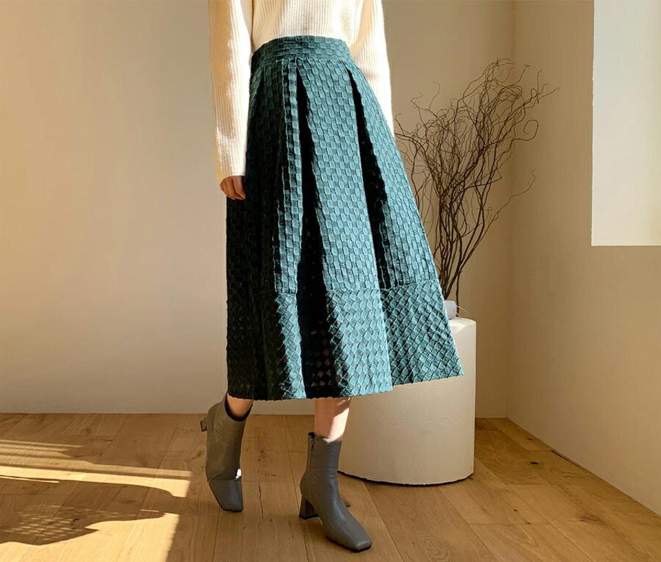 スクエアパターンスカート・全3色・b65811 レディース 【sk】【スカート ミディ丈 ミディスカート 総柄 可愛い かわいい シアー ボリューム フレア フレアスカート 秋 冬 韓国 ファッション】【ハイホリHIHOLLI】