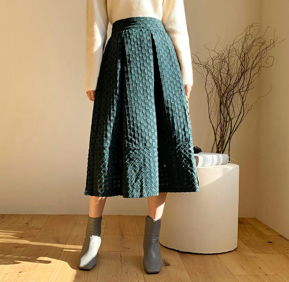 スクエアパターンスカート・全3色・b65811 レディース 【sk】【スカート ミディ丈 ミディスカート 総柄 可愛い かわいい シアー ボリューム フレア フレアスカート 秋 冬 韓国 ファッション】【ハイホリHIHOLLI】