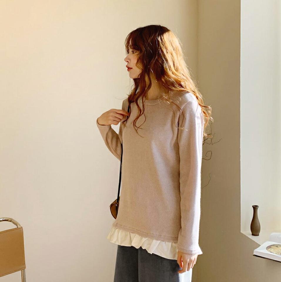 裏起毛フリルヘムニット・全2色・t65796 レディース 【tops】【トップス ニット ニットトップス 長袖 フリル 裏起毛 単色 無地 シンプル カジュアル 大人 異素材 レイヤード風 冬 韓国 ファッション】【ハイホリHIHOLLI】