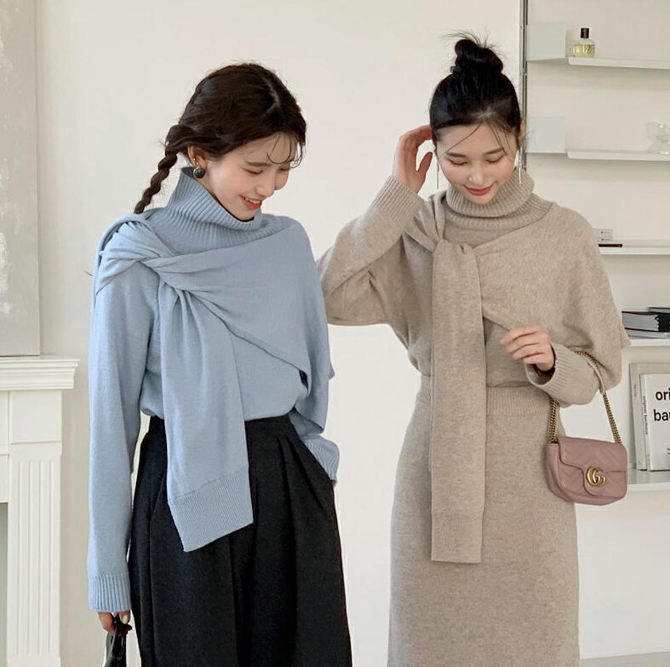 【只今10%OFF】ウール混ショールニット・全4色・b62055 レディース 【tops】【韓国 ファッション トップス ニット タートルネック ハイネック 長袖 リブヘム ラグランスリーブ ショール レイヤード調 レイヤード風 ハイゲージ 無地 カジュアル 秋 冬】【STYLE】