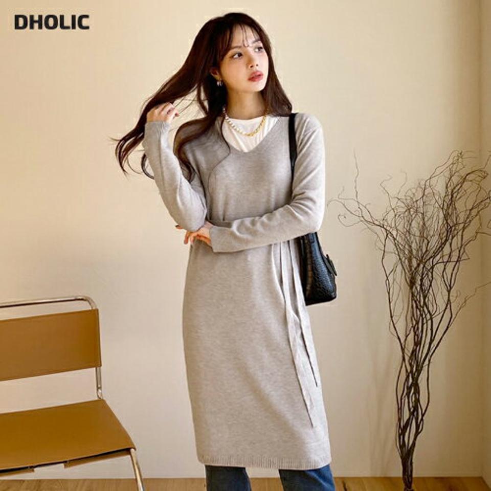 ストラップ付ニットワンピース・全2色・b65800 レディース 【ops】【ワンピース ミディ丈 ミディワンピース 長袖 ニット ニットワンピース 単色 無地 シンプル 大人 ストラップ 秋 冬 韓国 ファッション】【ハイホリHIHOLLI】