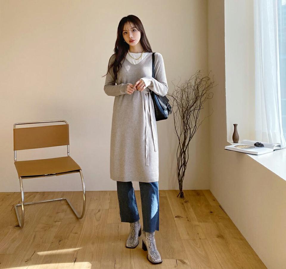 ストラップ付ニットワンピース・全2色・b65800 レディース 【ops】【ワンピース ミディ丈 ミディワンピース 長袖 ニット ニットワンピース 単色 無地 シンプル 大人 ストラップ 秋 冬 韓国 ファッション】【ハイホリHIHOLLI】