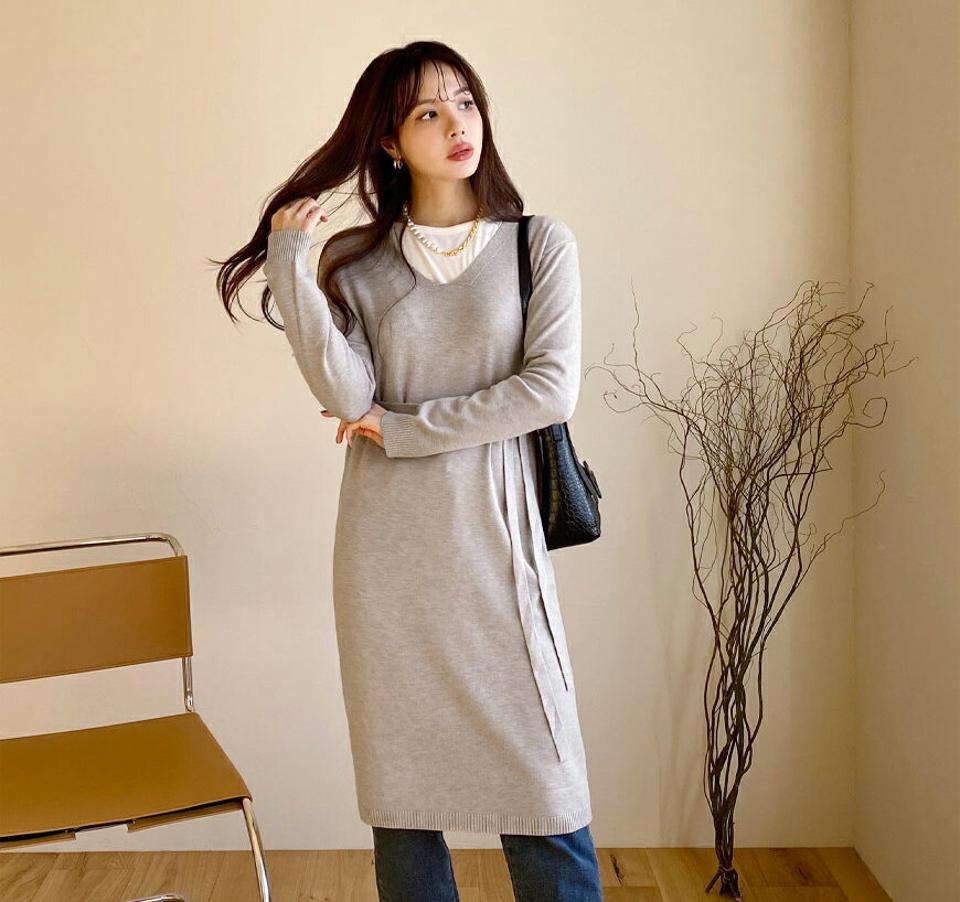 ストラップ付ニットワンピース・全2色・b65800 レディース 【ops】【ワンピース ミディ丈 ミディワンピース 長袖 ニット ニットワンピース 単色 無地 シンプル 大人 ストラップ 秋 冬 韓国 ファッション】【ハイホリHIHOLLI】