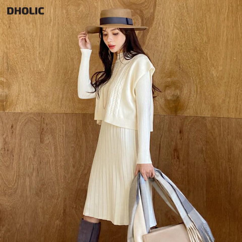 【只今10%OFF】ベスト付ニットワンピース・全3色・b65724 レディース 【ops】【ワンピース ミディ丈 ミディワンピース 長袖 ニット ニットワンピース ベスト 単色 ハーフネック プリーツ 可愛い かわいい 秋 冬 韓国 ファッション】【ハイホリHIHOLLI】