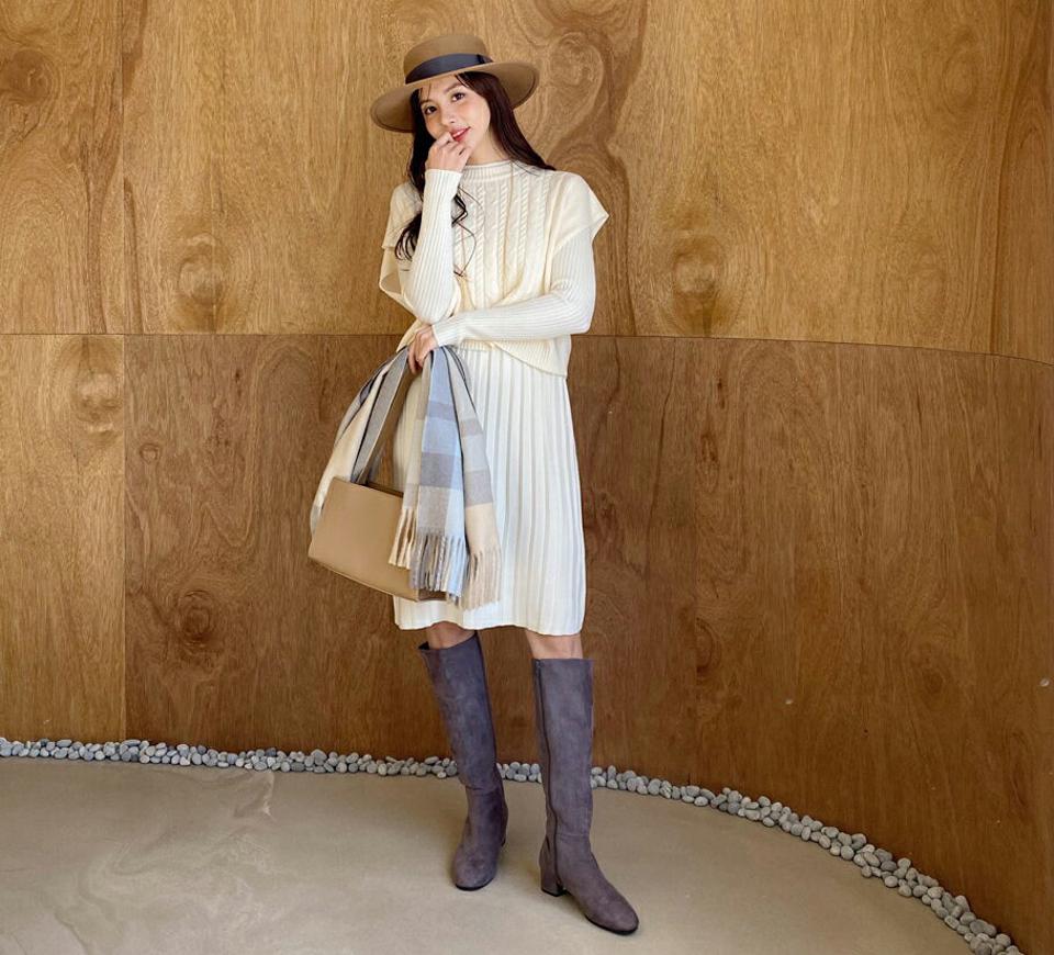 【只今10%OFF】ベスト付ニットワンピース・全3色・b65724 レディース 【ops】【ワンピース ミディ丈 ミディワンピース 長袖 ニット ニットワンピース ベスト 単色 ハーフネック プリーツ 可愛い かわいい 秋 冬 韓国 ファッション】【ハイホリHIHOLLI】