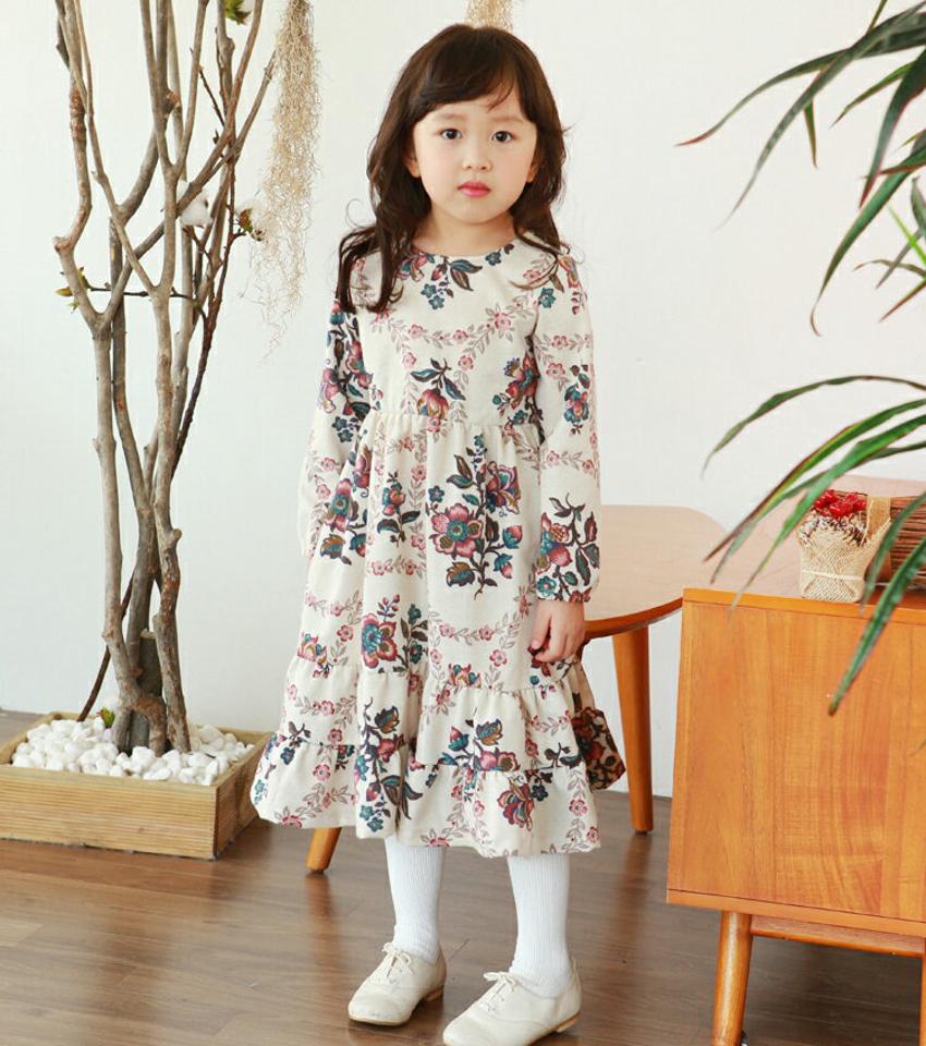 裏起毛フラワーワンピース・p010305 キッズ【3~8才】【ops】【ワンピース ロング ロングワンピース 長袖 花柄 フラワー 裏起毛 女の子 秋 冬 韓国 韓国子供服 子供 こども 子供服 こども服】【KIDS】