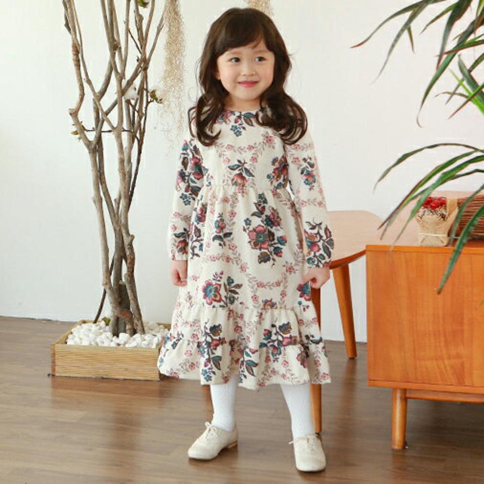 裏起毛フラワーワンピース・p010305 キッズ【3~8才】【ops】【ワンピース ロング ロングワンピース 長袖 花柄 フラワー 裏起毛 女の子 秋 冬 韓国 韓国子供服 子供 こども 子供服 こども服】【KIDS】