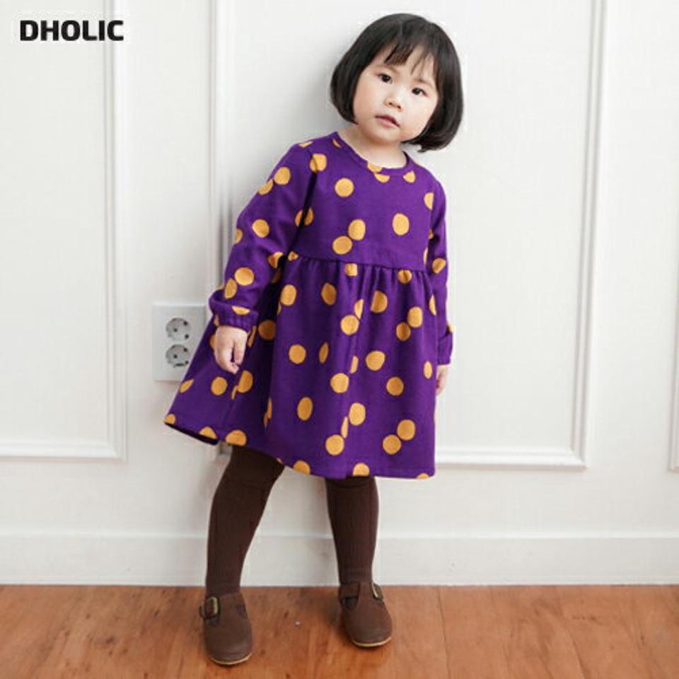 両起毛ドットフレアワンピース・p010296 キッズ【3~8才】【ops】【ワンピース ミディ丈 ミディワンピース 長袖 ドット柄 フレア フレアワンピース 裏起毛 両起毛 起毛 女の子 冬 韓国 韓国子供服 子供 こども 子供服 こども服】【KIDS】