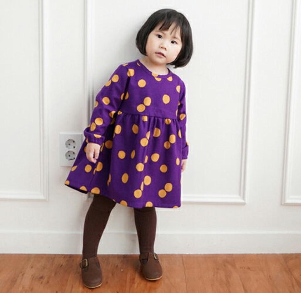 両起毛ドットフレアワンピース・p010296 キッズ【3~8才】【ops】【ワンピース ミディ丈 ミディワンピース 長袖 ドット柄 フレア フレアワンピース 裏起毛 両起毛 起毛 女の子 冬 韓国 韓国子供服 子供 こども 子供服 こども服】【KIDS】