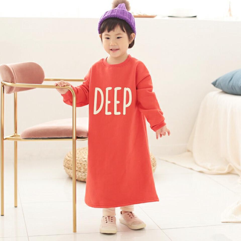 裏起毛DEEPスウェットワンピース・p010299 キッズ【3~8才】【ops】【ワンピース ロング ロングワンピース 長袖 ロゴ スウェット スウェットワンピース 裏起毛 カジュアル 女の子 男の子 冬 韓国 韓国子供服 子供 こども 子供服 こども服】【KIDS】