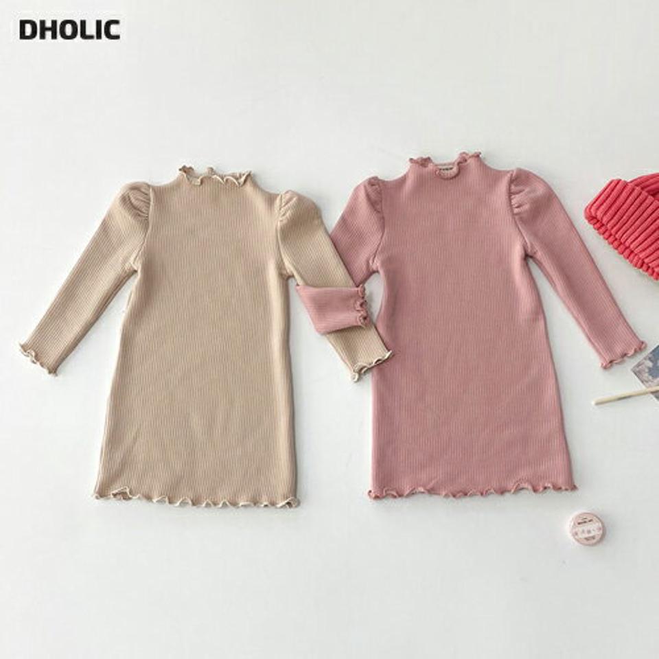 フリルリブワンピース・u10237 キッズ【3~8才】【ops】【ワンピース 長袖 ウェーブ リブ フリル 単色 無地 シンプル カジュアル 可愛い かわいい 女の子 秋 冬 韓国 韓国子供服 子供 こども 子供服 こども服】【KIDS】