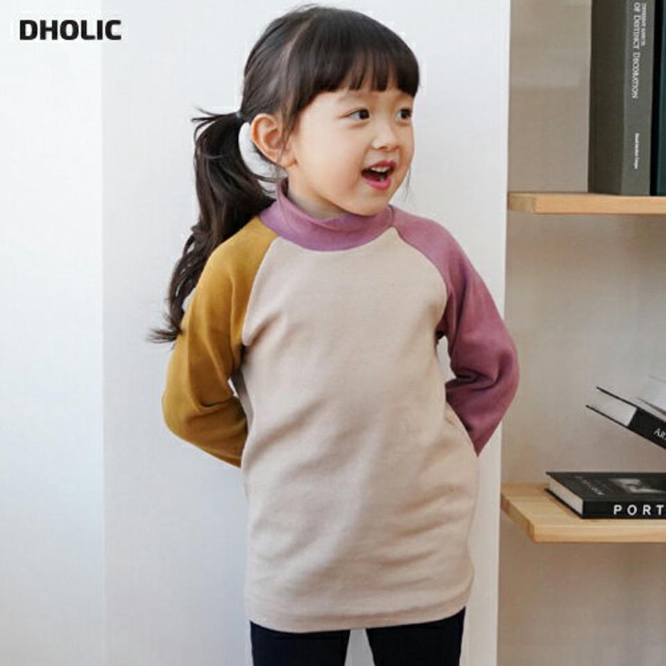 ツートン配色ハーフネックTシャツ・p010284 キッズ【3~8才】【tops】【トップス Tシャツ 長袖 ハーフネック 配色 ツートーン カジュアル シンプル 女の子 男の子 秋 冬 韓国 韓国子供服 子供 こども 子供服 こども服】【KIDS】