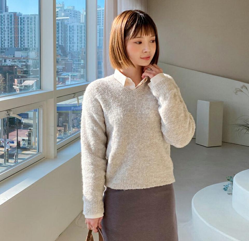 Vネックメランジニット・全4色・b56405 レディース 【tops】【韓国 ファッション トップス ニット 長袖 ドロップショルダー 無地 メランジ カラーミックス 色混じり 毛糸 毛羽立ち カジュアル 秋 冬】【STYLE】