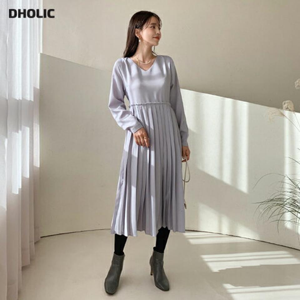 Vネックプリーツワンピース・全3色・t56443 レディース 【ops】【韓国 ファッション ワンピース ロング 長袖 フレア Aライン 無地 シンプル ルーズ カジュアル 秋 冬】【STYLE】