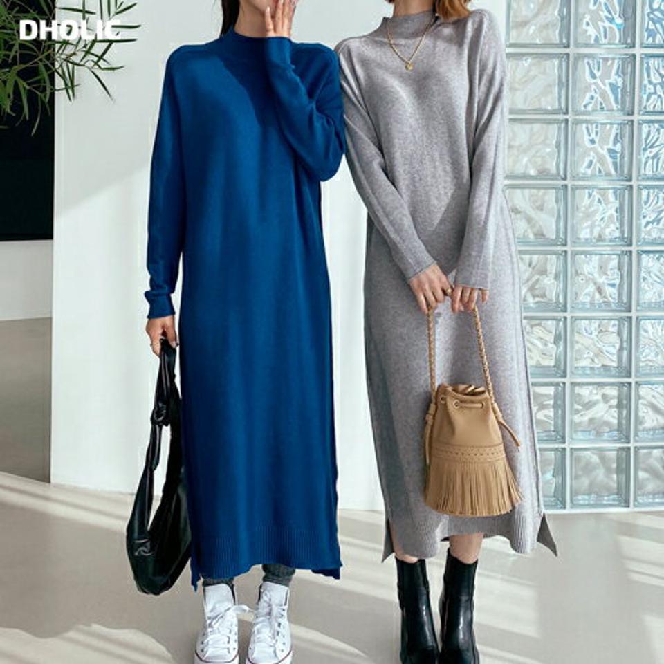 ハーフネックニットワンピース・全6色・56434 レディース 【ops】【韓国 ファッション ワンピース ロング ニット モックネック 長袖 Hライン ルーズ ゆったり シンプル 無地 カジュアル 秋 冬】【STYLE】