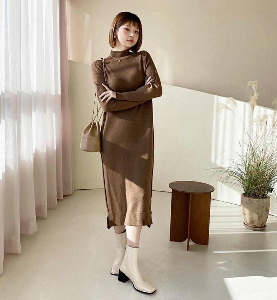 ハーフネックニットワンピース・全6色・56434 レディース 【ops】【韓国 ファッション ワンピース ロング ニット モックネック 長袖 Hライン ルーズ ゆったり シンプル 無地 カジュアル 秋 冬】【STYLE】