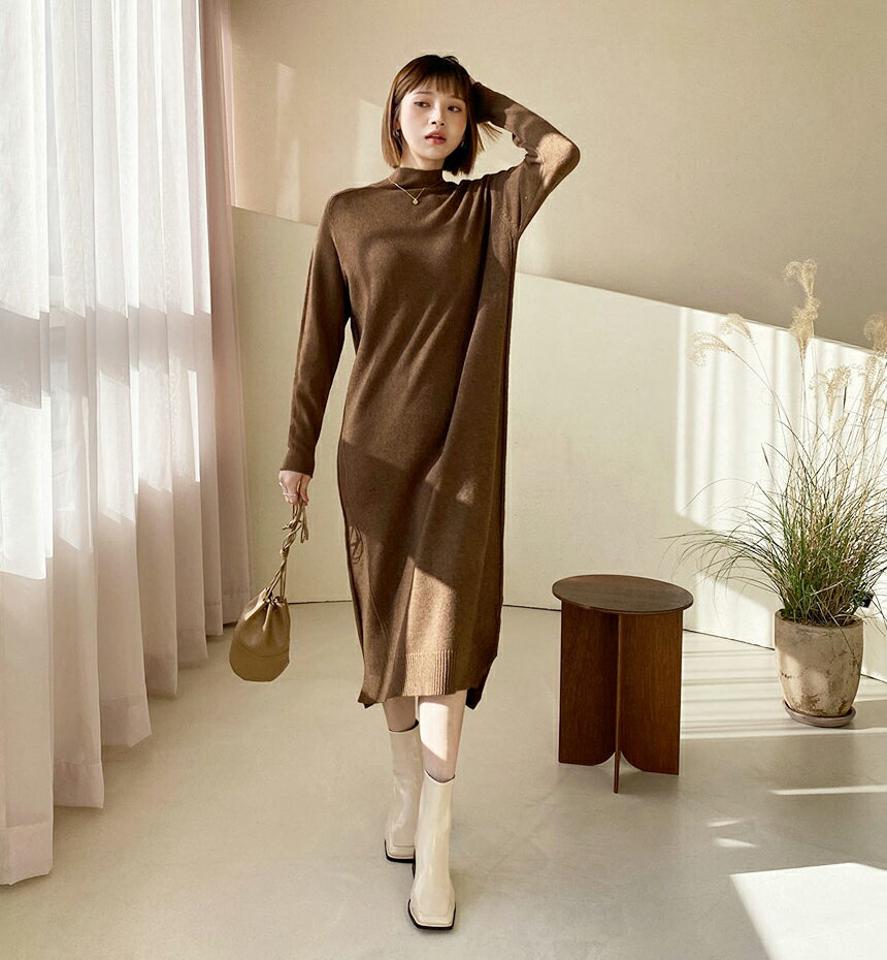 ハーフネックニットワンピース・全6色・56434 レディース 【ops】【韓国 ファッション ワンピース ロング ニット モックネック 長袖 Hライン ルーズ ゆったり シンプル 無地 カジュアル 秋 冬】【STYLE】