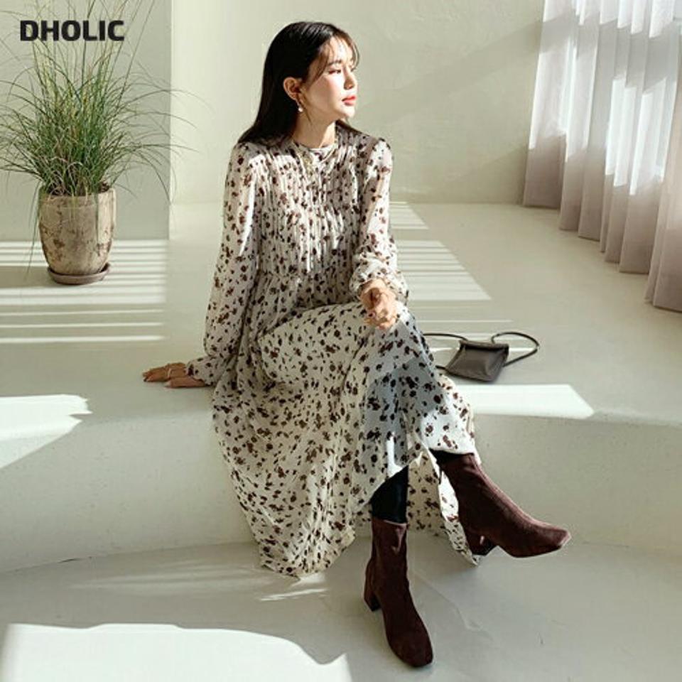 花柄ロングワンピース・全3色・t56410 レディース 【ops】【韓国 ファッション ワンピース ロング ラウンドネック 長袖 パフスリーブ フレア Aライン 花柄 シフォン 揺れる 揺れ感 大人 カジュアル 秋 冬】【STYLE】