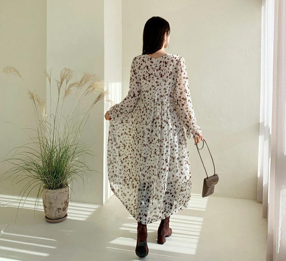 花柄ロングワンピース・全3色・t56410 レディース 【ops】【韓国 ファッション ワンピース ロング ラウンドネック 長袖 パフスリーブ フレア Aライン 花柄 シフォン 揺れる 揺れ感 大人 カジュアル 秋 冬】【STYLE】