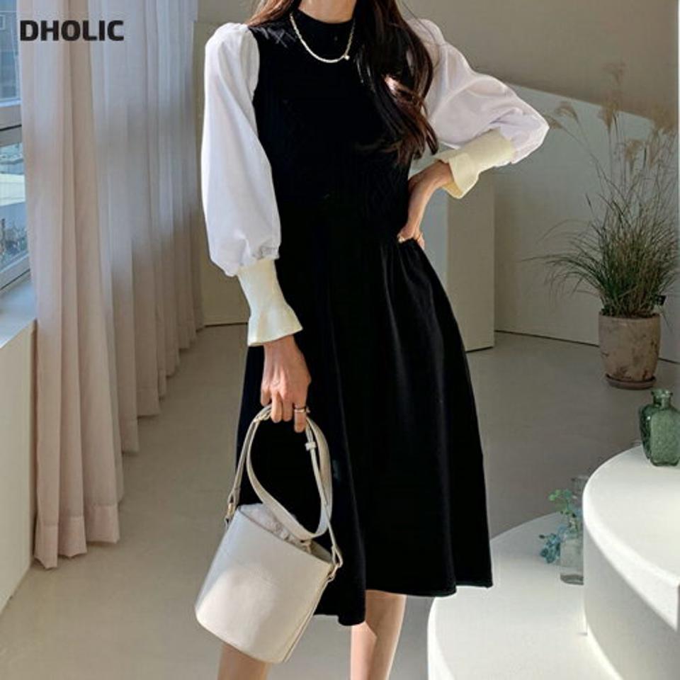 【只今10%OFF】コントラストワンピース・全1色・b56408 レディース 【ops】【韓国 ファッション ワンピース ミディワンピース ミディアム ミドル 膝下 膝丈 ラウンドネック 長袖 パフスリーブ ぼわん袖 ボリューム袖 フレア Aライン ニット カジュアル 秋 冬】【STYLE】