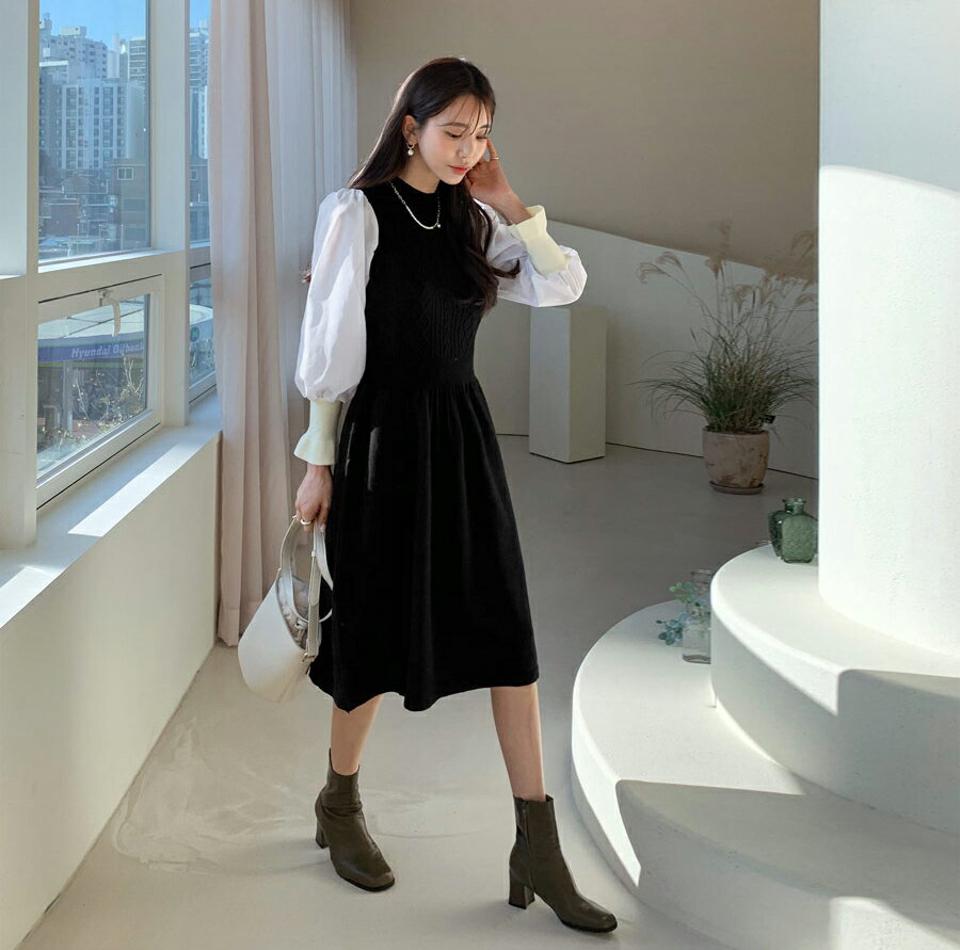 【只今10%OFF】コントラストワンピース・全1色・b56408 レディース 【ops】【韓国 ファッション ワンピース ミディワンピース ミディアム ミドル 膝下 膝丈 ラウンドネック 長袖 パフスリーブ ぼわん袖 ボリューム袖 フレア Aライン ニット カジュアル 秋 冬】【STYLE】