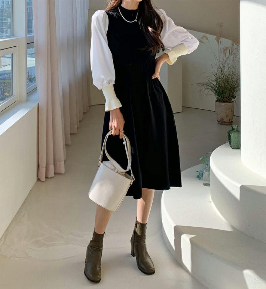 【只今10%OFF】コントラストワンピース・全1色・b56408 レディース 【ops】【韓国 ファッション ワンピース ミディワンピース ミディアム ミドル 膝下 膝丈 ラウンドネック 長袖 パフスリーブ ぼわん袖 ボリューム袖 フレア Aライン ニット カジュアル 秋 冬】【STYLE】