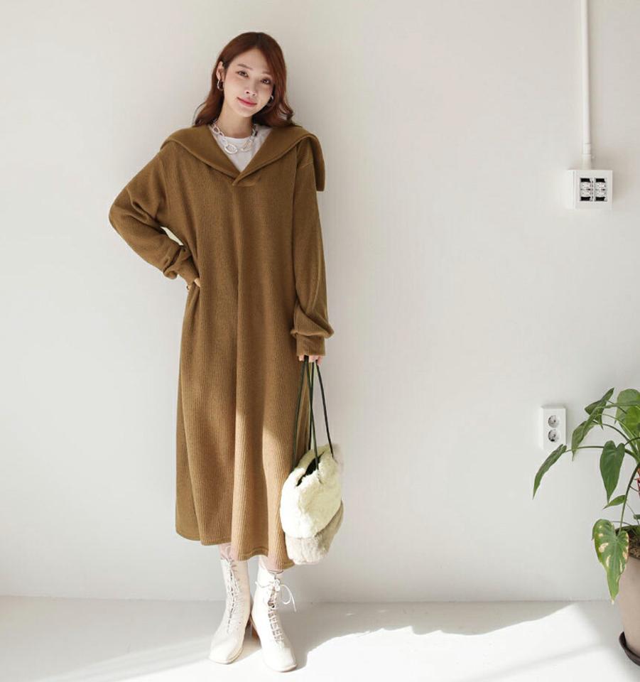 【只今10%OFF】セーラーカラーワンピース・全3色・t65627 レディース 【ops】【ワンピース ロング ロングワンピース 長袖 セーラーカラー 単色 無地 シンプル Vネック 体型カバー リブ かわいい 可愛い 秋 冬 韓国 ファッション】【ハイホリHIHOLLI】