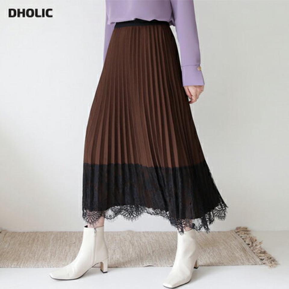 【只今10%OFF】レースヘムプリーツスカート・全3色・b65649 レディース 【sk】【スカート ロング ロングスカート プリーツ プリーツスカート レース フェミニン きれいめ 上品 ウエストゴム 秋 冬 韓国 ファッション】【ハイホリHIHOLLI】