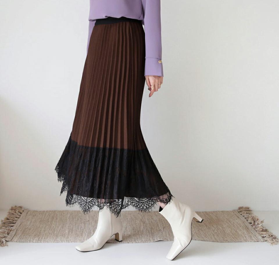 【只今10%OFF】レースヘムプリーツスカート・全3色・b65649 レディース 【sk】【スカート ロング ロングスカート プリーツ プリーツスカート レース フェミニン きれいめ 上品 ウエストゴム 秋 冬 韓国 ファッション】【ハイホリHIHOLLI】