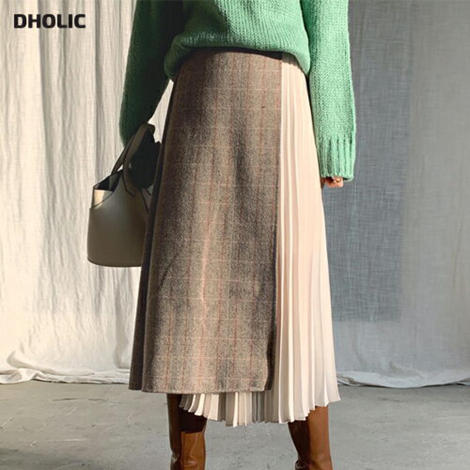 【只今10%OFF】チェックプリーツスカート・全2色・t65648 レディース 【sk】【スカート ロング ロングスカート プリーツ プリーツスカート チェック柄 ヘリンボーン ラップ調 大人 秋 冬 韓国 ファッション】【ハイホリHIHOLLI】