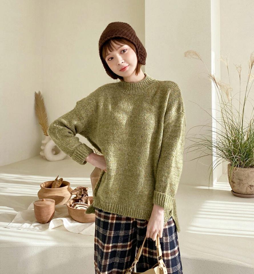 ロールアップニット・全3色・b56438 レディース 【tops】【韓国 ファッション トップス ニット ラウンドネック モックネック 長袖 ルーズ ゆったり 無地 体型カバー メランジ カラーミックス カジュアル 秋 冬】【STYLE】