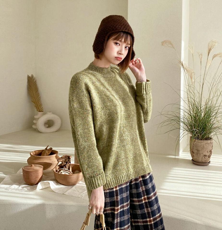 ロールアップニット・全3色・b56438 レディース 【tops】【韓国 ファッション トップス ニット ラウンドネック モックネック 長袖 ルーズ ゆったり 無地 体型カバー メランジ カラーミックス カジュアル 秋 冬】【STYLE】