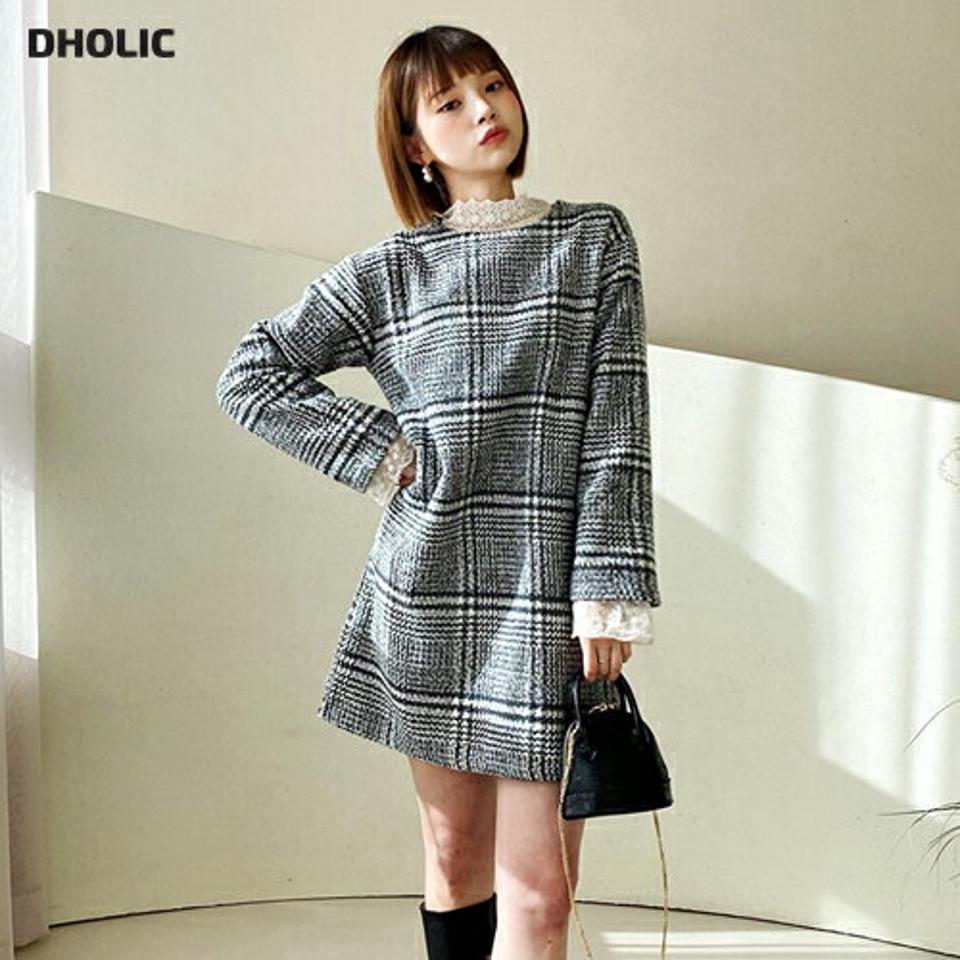 【只今10%OFF】チェックミニワンピース・全3色・t56433 レディース 【ops】【韓国 ファッション ワンピース ミニ ショート Hライン ラウンドネック 長袖 パターン 柄 ルーズ チュニック 上品 エレガント カジュアル 秋 冬】【STYLE】