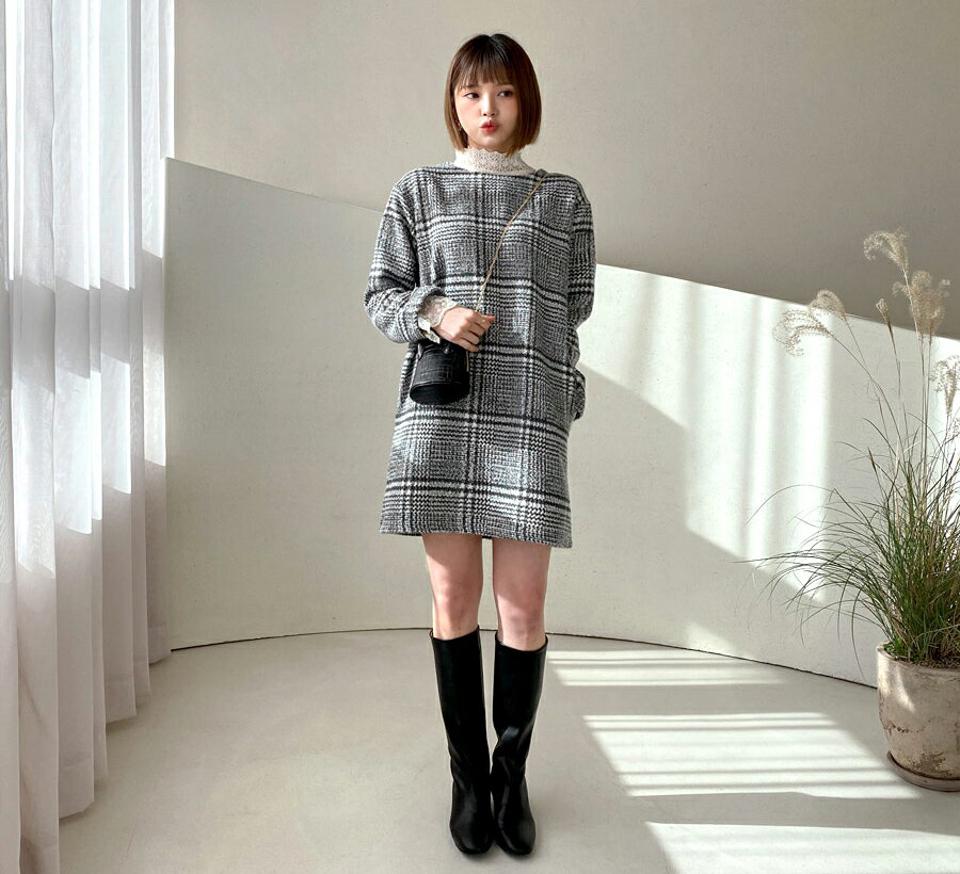 【只今10%OFF】チェックミニワンピース・全3色・t56433 レディース 【ops】【韓国 ファッション ワンピース ミニ ショート Hライン ラウンドネック 長袖 パターン 柄 ルーズ チュニック 上品 エレガント カジュアル 秋 冬】【STYLE】