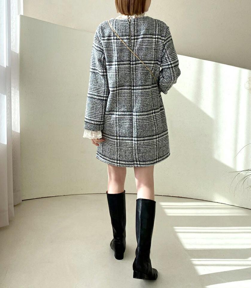 【只今10%OFF】チェックミニワンピース・全3色・t56433 レディース 【ops】【韓国 ファッション ワンピース ミニ ショート Hライン ラウンドネック 長袖 パターン 柄 ルーズ チュニック 上品 エレガント カジュアル 秋 冬】【STYLE】